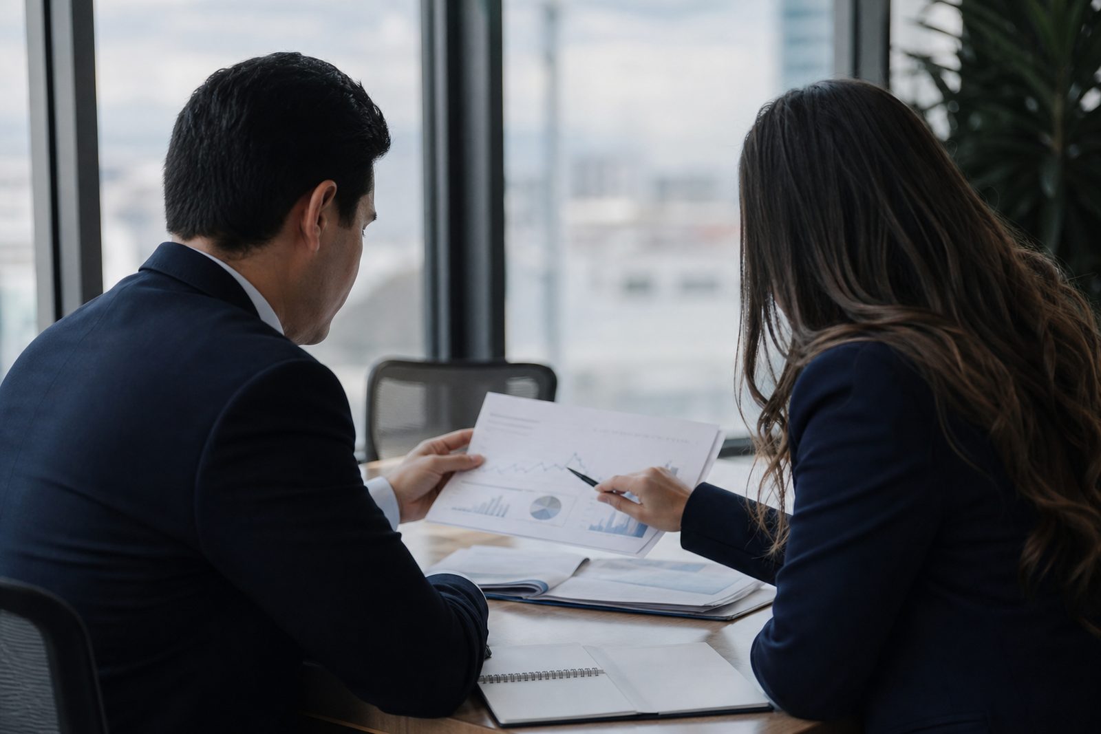 Consultores revisando informes financieros en una oficina