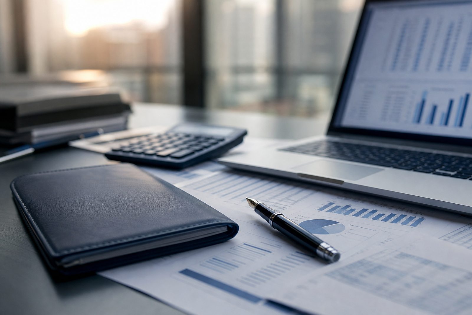 Estados financieros, calculadora y portátil sobre un escritorio de auditoría